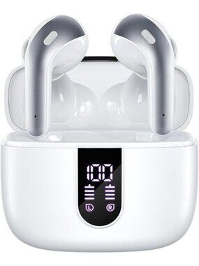 White Bluetooth Headphone True Wireless Earbuds LED Power Display with Mic